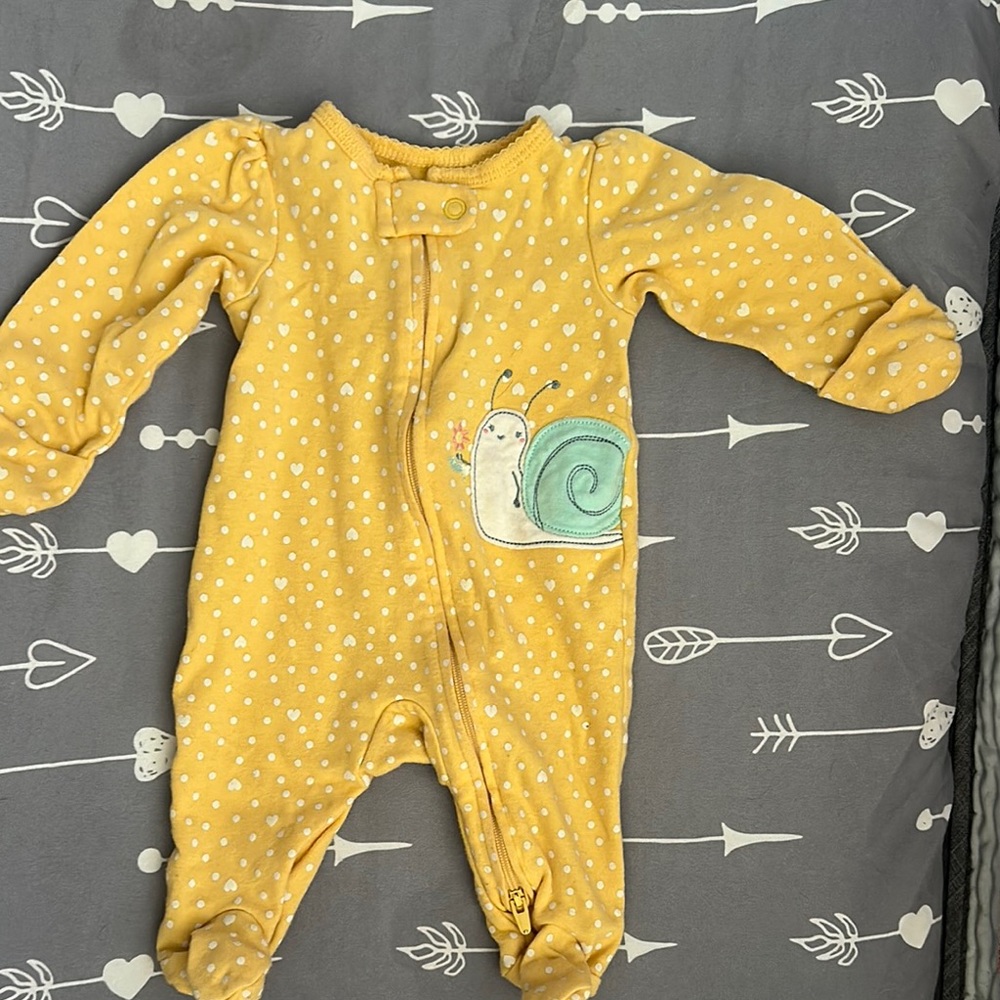 Yellow Polka Dot Snail Applique One-Piece Footed Pajamas - Kids